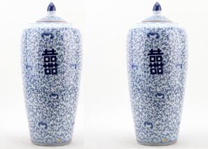 Pair of Large Blue and White Melon Jars