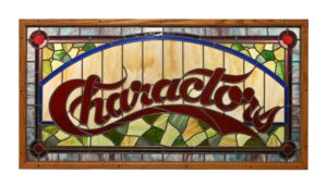 Vintage Leaded Stained Art Glass "Charactors" Signs