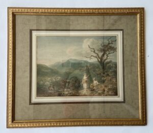 19th Century Watercolor Landscape of Children in Mountains
