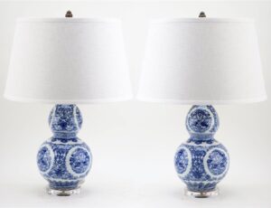 Pair of New Blue and White Gourd Lamps with Shades