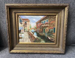 Rose Decorated Venitian Canal Scene Oil on Canvas