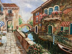 Rose Decorated Venitian Canal Scene Oil on Canvas