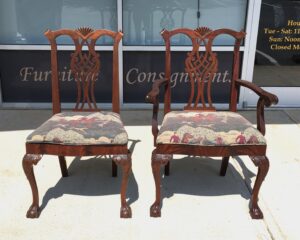 Set of 10 1940s Flamed Mahogany Chippendale Style Dining Chairs