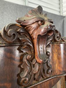 Monumental Tiger Oak Carved Bow-Glass China Cabinet with Lions & Claw Feet