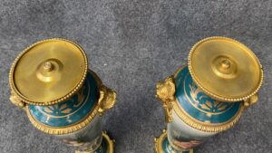 Pair of Sevres Style Bronze and Porcelain Urns with Lid