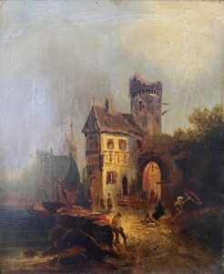 19th Century Castle Scene Oil on Board