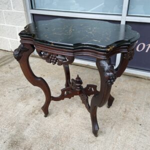 Marble Top Walnut Parlor Table with Carved Fruit