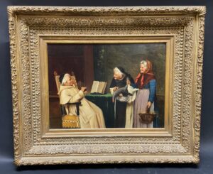 c1900 Richard Linderum Presentation to Monk Oil on Canvas Mounted to Board