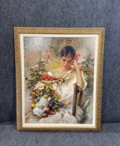 Print in Gold Frame of Girl /Woman Holding Flowers