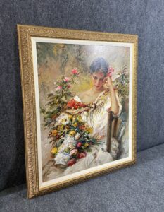 Print in Gold Frame of Girl /Woman Holding Flowers 