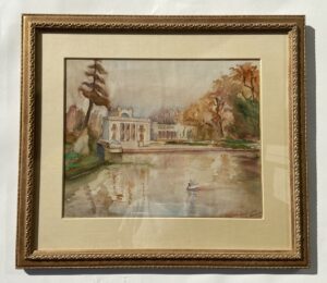 Original Watercolor Scene of a Mansion overlooking a Pond