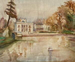 Original Watercolor Scene of a Mansion overlooking a Pond