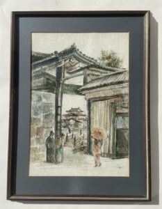 Asian Style Watercolor on Rice Paper of Architectural Archway