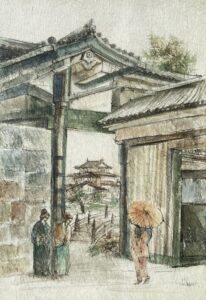 Asian Style Watercolor on Rice Paper of Architectural Archway