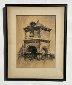 Antique Signed Architectural Charcoal Drawing