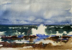 Original Watercolor of Waves Crashing on Shore by Everett Mayo 