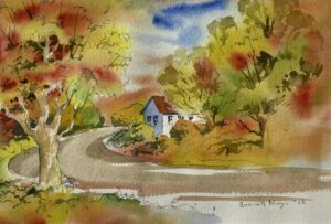 Original Watercolor of House Surrounded by Autumn Trees by Everett Mayo 