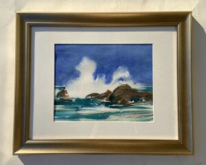 Original Watercolor of Waves Crashing on Rocks by Everett Mayo