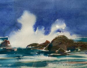Original Watercolor of Waves Crashing on Rocks by Everett Mayo