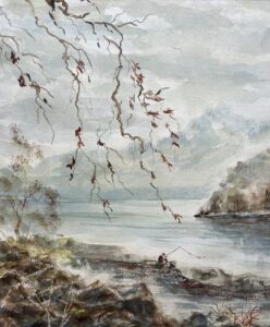 Original Watercolor of Misty Lakefront Landscape