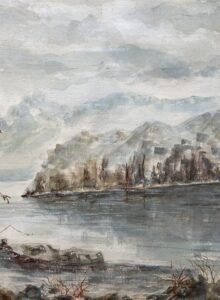Original Watercolor of Misty Lakefront Landscape