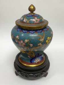 Vintage Turquoise Cloisonne Jar with Lid on Stand