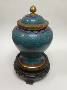 Vintage Turquoise Cloisonne Jar with Lid on Stand