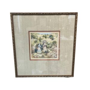 Original Israeli Watercolor of Two Women in Landscape Signed in Hebrew