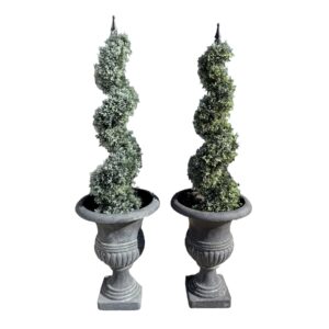 Pair of Tall Charcoal Grey Urn Planters with Topiary
