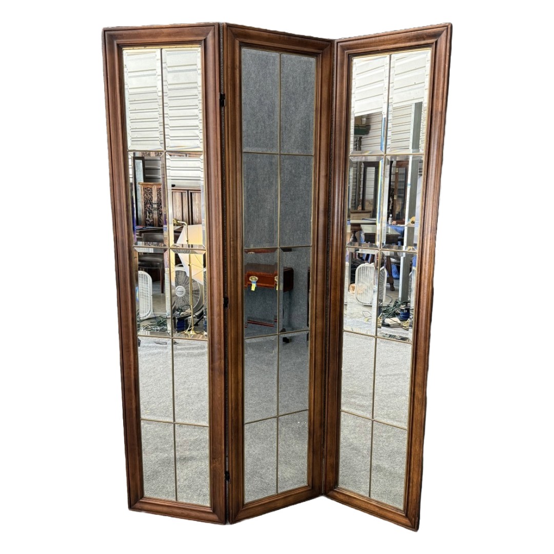 Three Panel Beveled Glass Mirrored Room Divider