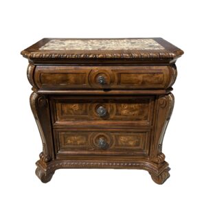 Ornate Burl Walnut Nightstand with Faux Marble Top
