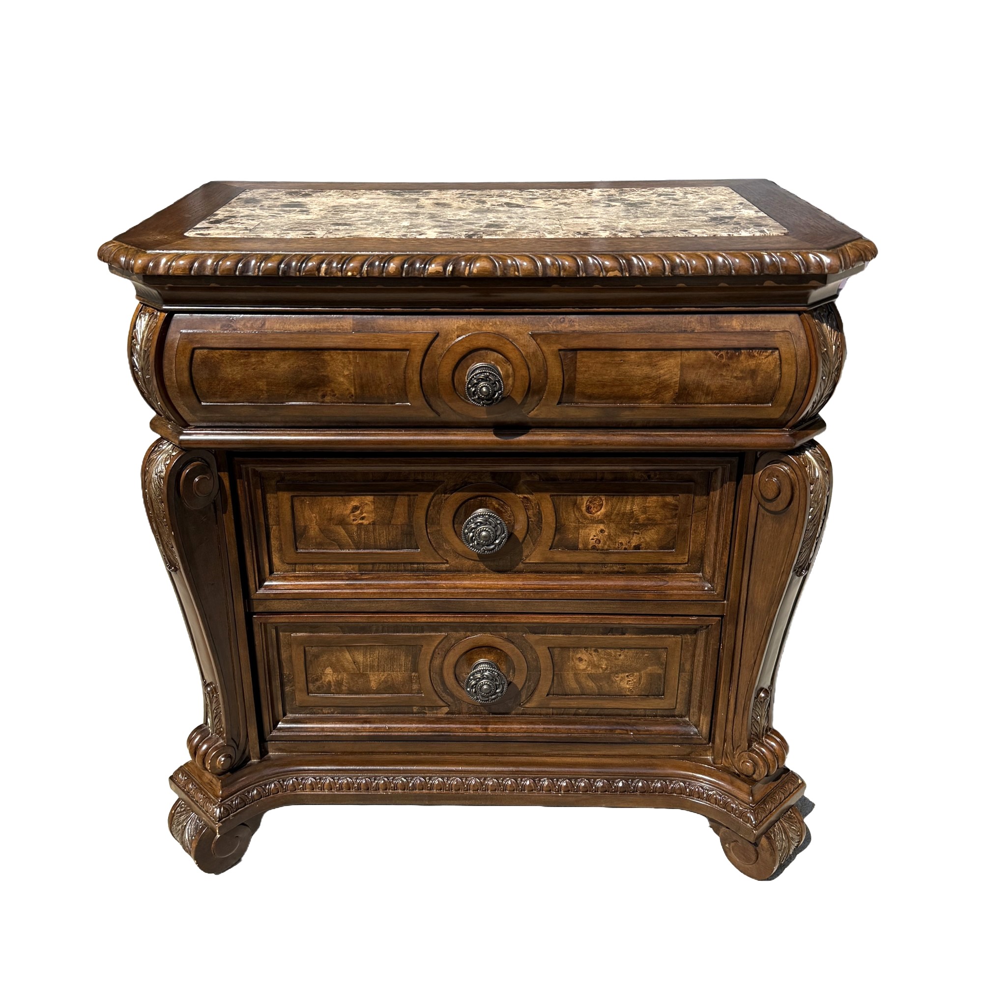 Ornate Burl Walnut Nightstand with Faux Marble Top