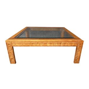 Century Furniture Round Carved Oak and Glass Top Coffee Table