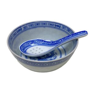This pair of Chinese porcelain soup bowls and matching spoons features a traditional blue and white dragon motif, symbolizing strength and protection. The pattern includes a central dragon surrounded by cloud and wave-like designs, with a geometric border along the rim.