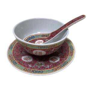 Chinese Porcelain Pink Soup Bowl, Spoon, and Saucer