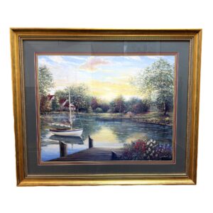 Cottage Scene of Sailboat in Harbor Triple Matted Giclee