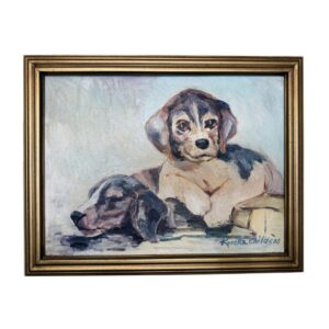 Vintage Oil on Canvas of Two Puppies Signed Rosella Childs