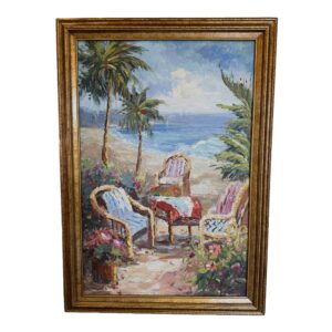 Original Oil on Canvas of Chairs by the Shore
