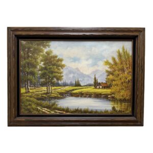 Original Oil on Canvas of Lakeside Cottage with Mountain View