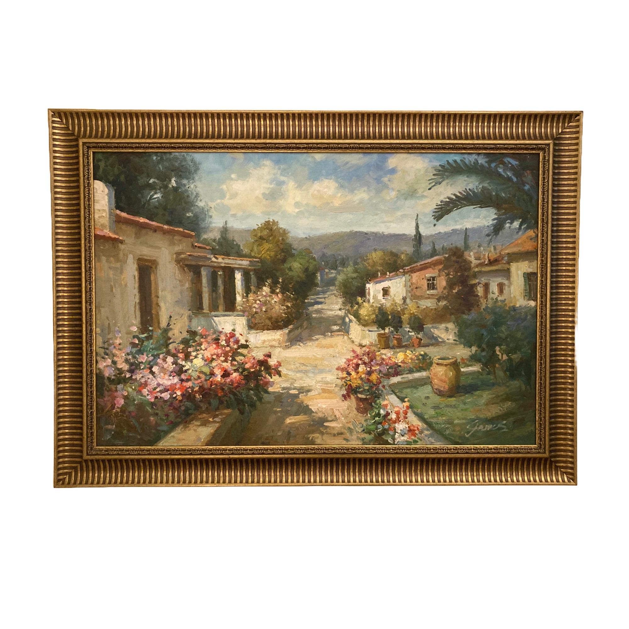 Original Oil on Canvas Painting of Italian Villa Scene, Signed