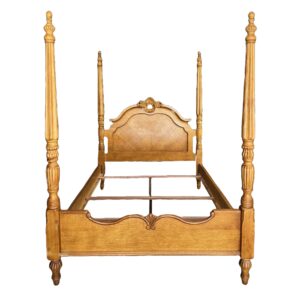 Oak Four-Post Queen Size Bed Frame with Carved Crest