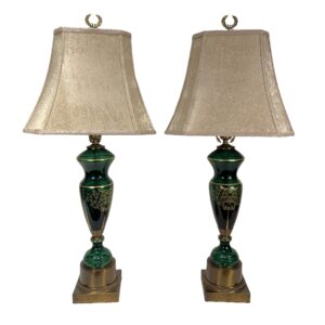 Pair of Vintage Green Glass Lamps & Shades