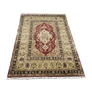 5x7 Hand-Knotted Semi-Silk Gold and Burgundy Area Rug