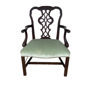 Carved Mahogany Edwardian Armchair with Green Velvet Seat and Nail Head Trim