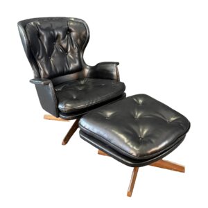 Mid-Century Modern Black Tufted Leather Chair with Ottoman