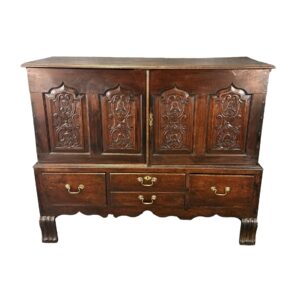 18th Century Carved Oak Chest on Stand with Cathedral Doors