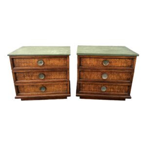 Pair of Henredon Heritage Stone Top Parquetry Inlaid Nightstands