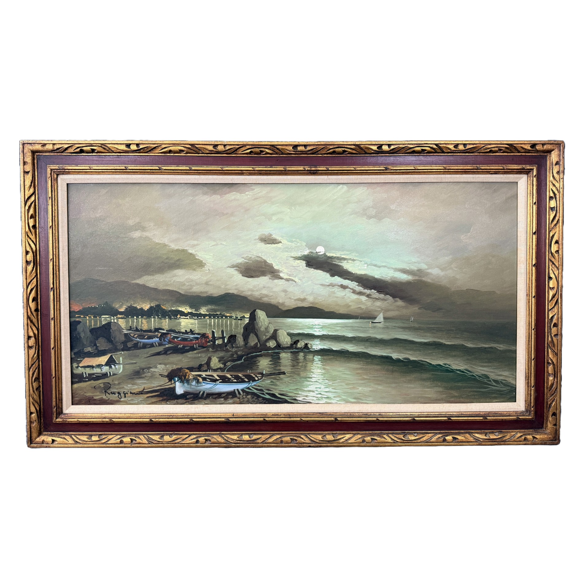 Vintage 1960s Oil on Canvas of Moonlit Beach Vintage 1960s Oil on Canvas of Moonlit Beach