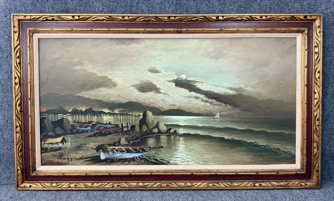 Vintage 1960s Oil on Canvas of Moonlit Beach Vintage 1960s Oil on Canvas of Moonlit Beach