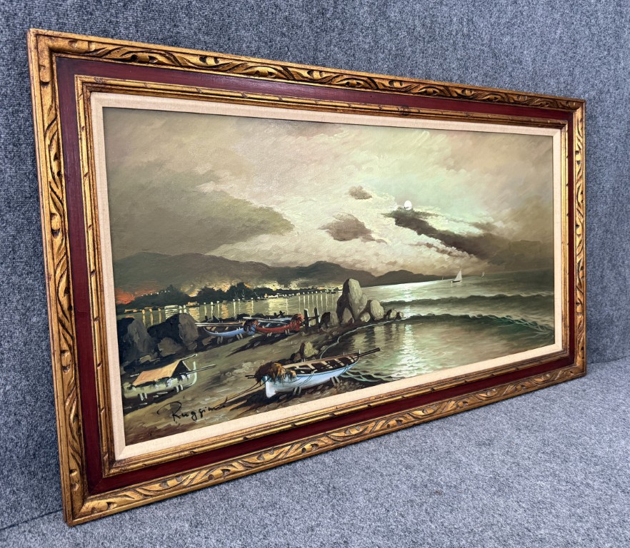 Vintage 1960s Oil on Canvas of Moonlit Beach Vintage 1960s Oil on Canvas of Moonlit Beach